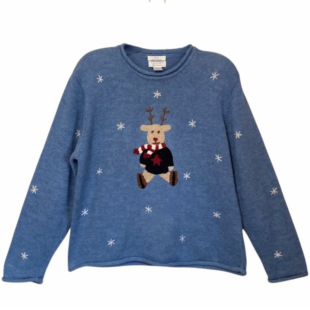 Christopher & Banks Hand Embroidered Reindeer Holiday Blue Sweater Large